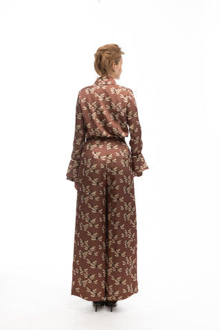 Dragonfly Print Palazzo Skirt-Effect Trousers Terracotta Pink