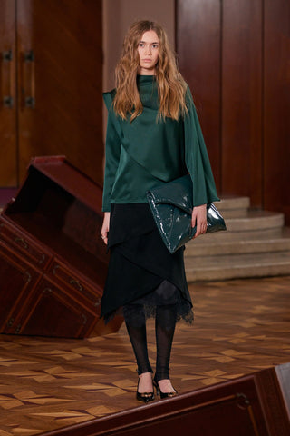 Draped Satin Blouse With Asymmetrical Sleeve Emerald - Julia Allert