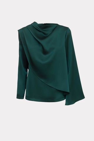 Draped Satin Blouse With Asymmetrical Sleeve Emerald - Julia Allert