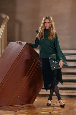 Draped Satin Blouse With Asymmetrical Sleeve Emerald - Julia Allert