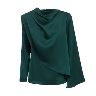 Draped Satin Blouse With Asymmetrical Sleeve Emerald