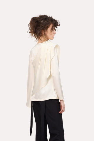 Draped Satin Blouse With Asymmetrical Sleeve Ivory - Julia Allert