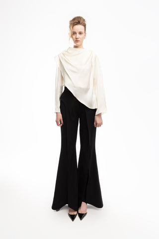 Draped Satin Blouse With Asymmetrical Sleeve Ivory - Julia Allert