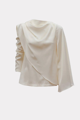 Draped Satin Blouse With Asymmetrical Sleeve Ivory - Julia Allert