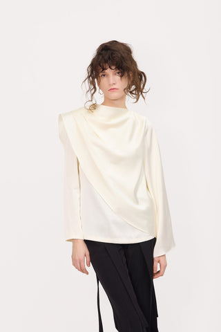 Draped Satin Blouse With Asymmetrical Sleeve Ivory - Julia Allert