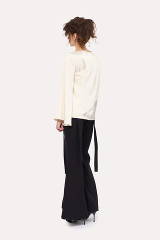 Draped Satin Blouse With Asymmetrical Sleeve Ivory - Julia Allert