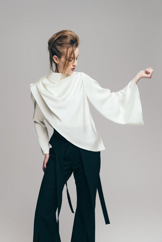 Draped Satin Blouse With Asymmetrical Sleeve Ivory - Julia Allert