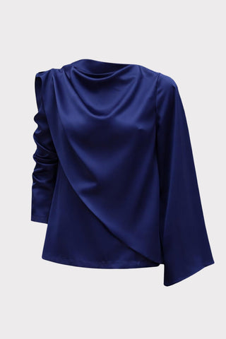 Draped Satin Blouse With Asymmetrical Sleeve Navy - Julia Allert