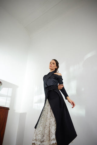 Draped Shoulder Long-Sleeve Blouse Black - Julia Allert