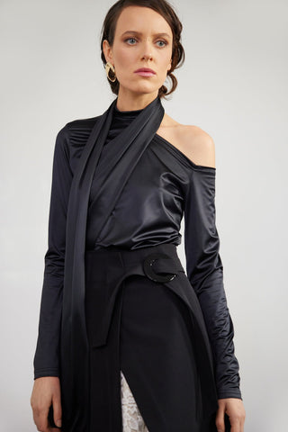 Draped Shoulder Long-Sleeve Blouse Black - Julia Allert