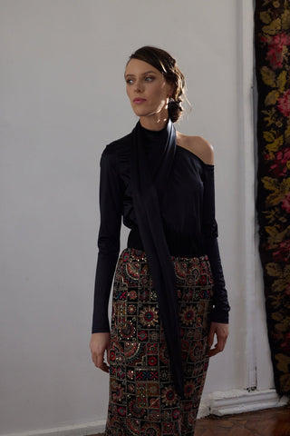 Draped Shoulder Long-Sleeve Blouse Black - Julia Allert