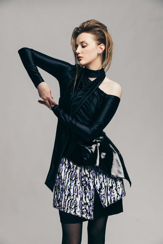 Draped Shoulder Long-Sleeve Blouse Black - Julia Allert