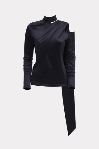 Draped Shoulder Long-Sleeve Blouse Black - Julia Allert