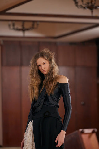 Draped Shoulder Long-Sleeve Blouse Black - Julia Allert