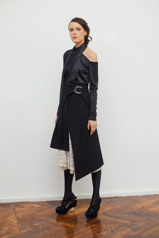 Draped Shoulder Long-Sleeve Blouse Black - Julia Allert
