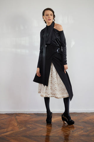 Draped Shoulder Long-Sleeve Blouse Black - Julia Allert