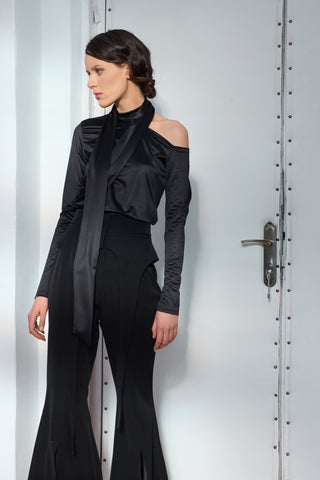 Flared Trousers With Hip Panels And Front Slits Black