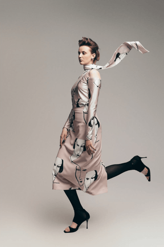 Draped Shoulder Long-Sleeve Printed Blouse Pale Pink - Julia Allert