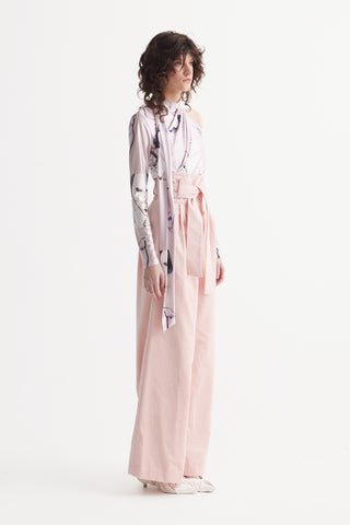 Draped Shoulder Long-Sleeve Printed Blouse Pale Pink