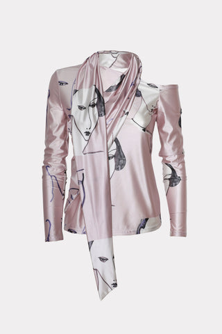 Draped Shoulder Long-Sleeve Printed Blouse Pale Pink