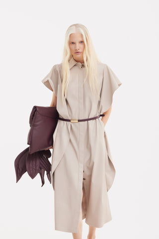 Draped Sleeve Faux Leather Midi Dress – Beige - Julia Allert