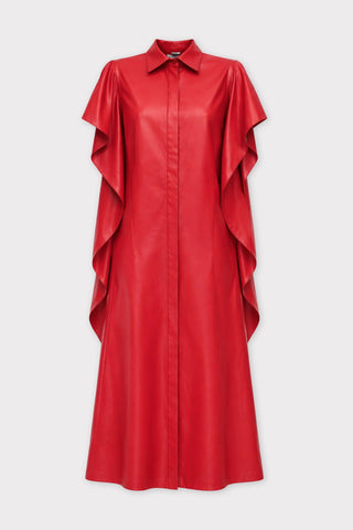 Draped Sleeve Faux Leather Midi Dress – Red - Julia Allert