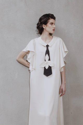Double-Layer Satin Midi Dress With Tie Detail Ivory XS Double-Layer Satin Midi Dress With Tie Detail Ivory XS