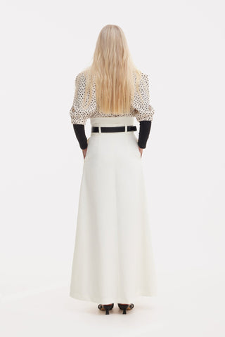 Ecru High Waist A-Line Long Skirt With Belt - Julia Allert