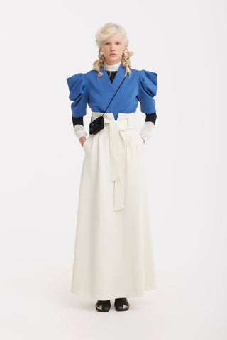 Ecru High Waist A-Line Long Skirt With Belt - Julia Allert