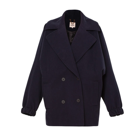 Dark Blue Short Double-Breasted Coat Oversize