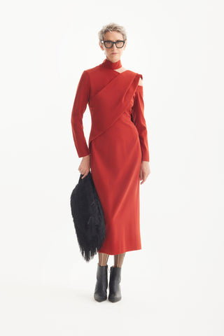 Elegant Evening Open Shoulder Midi Dress Terracotta