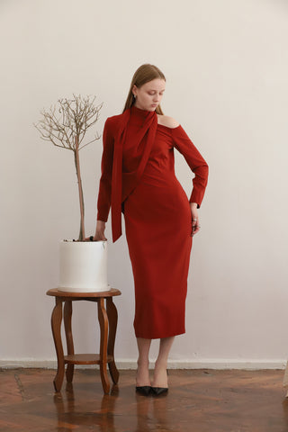 Elegant Evening Open Shoulder Midi Dress Terracotta