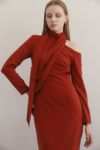 Elegant Evening Open Shoulder Midi Dress Terracotta