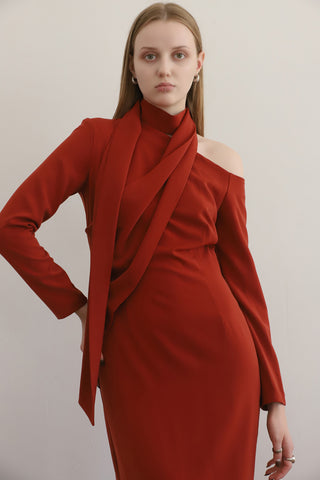 Elegant Evening Open Shoulder Midi Dress Terracotta