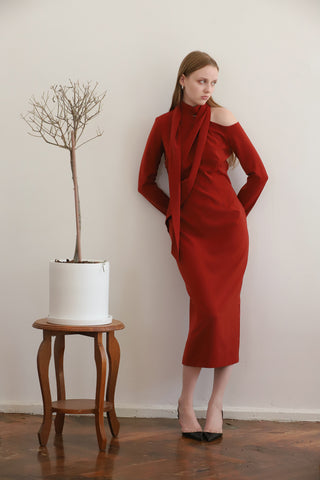 Elegant Evening Open Shoulder Midi Dress Terracotta