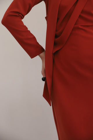 Elegant Evening Open Shoulder Midi Dress Terracotta