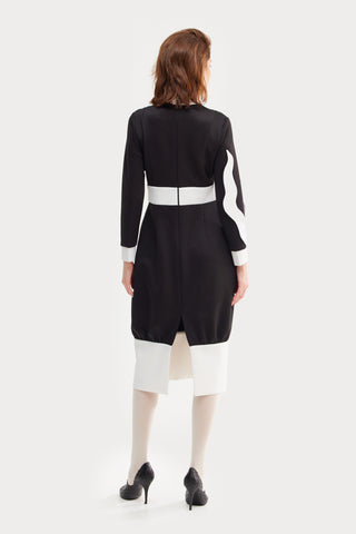 Designer Black Midi Dress With Satin Details And Barrel-Style Skirt