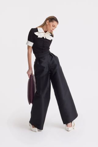 Elegant High-Waisted Silk Organza Pants – Black