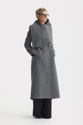 Elegant Long Draped Transformer Mid-Season Coat – Grey - Julia Allert