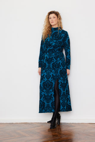 Elegant Long-Sleeve Dress With Velvet Pattern Blue