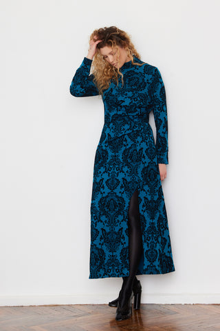 Elegant Long-Sleeve Dress With Velvet Pattern Blue