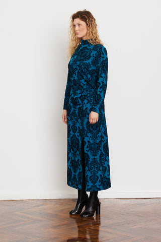 Elegant Long-Sleeve Dress With Velvet Pattern Blue