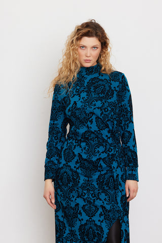 Elegant Long-Sleeve Dress With Velvet Pattern Blue