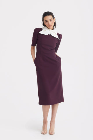 burgundy dress elegant Amoris T703 A-Line Chiffon Gown / M shoulder neckline and intricate draping details that create a flattering silhouette Elegant Midi Dress With Contrast