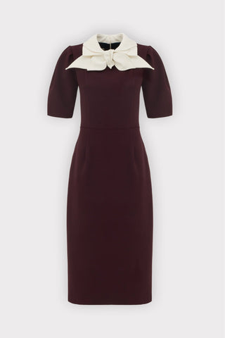Elegant Midi Dress With Contrast Bow Collar – Burgundy - Julia Allert