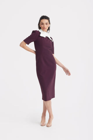 Elegant Midi Dress With Contrast Bow Collar – Burgundy - Julia Allert