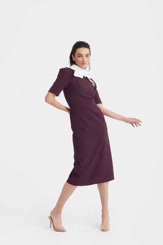 Elegant Midi Dress With Contrast Bow Collar – Burgundy
