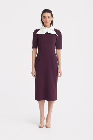 Elegant Midi Dress With Contrast Bow Collar – Burgundy - Julia Allert