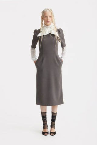 Elegant Midi Dress With Contrast Bow Collar – Taupe