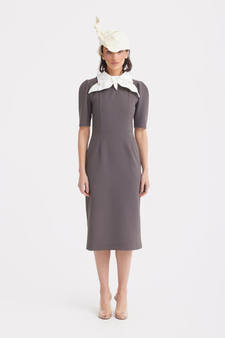 Elegant Midi Dress With Contrast Bow Collar – Taupe - Julia Allert